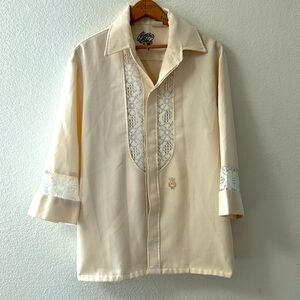 VINTAGE‎ Beau Tiki Hawaiian Shirt Beige Lace Iolani Hawaii Large